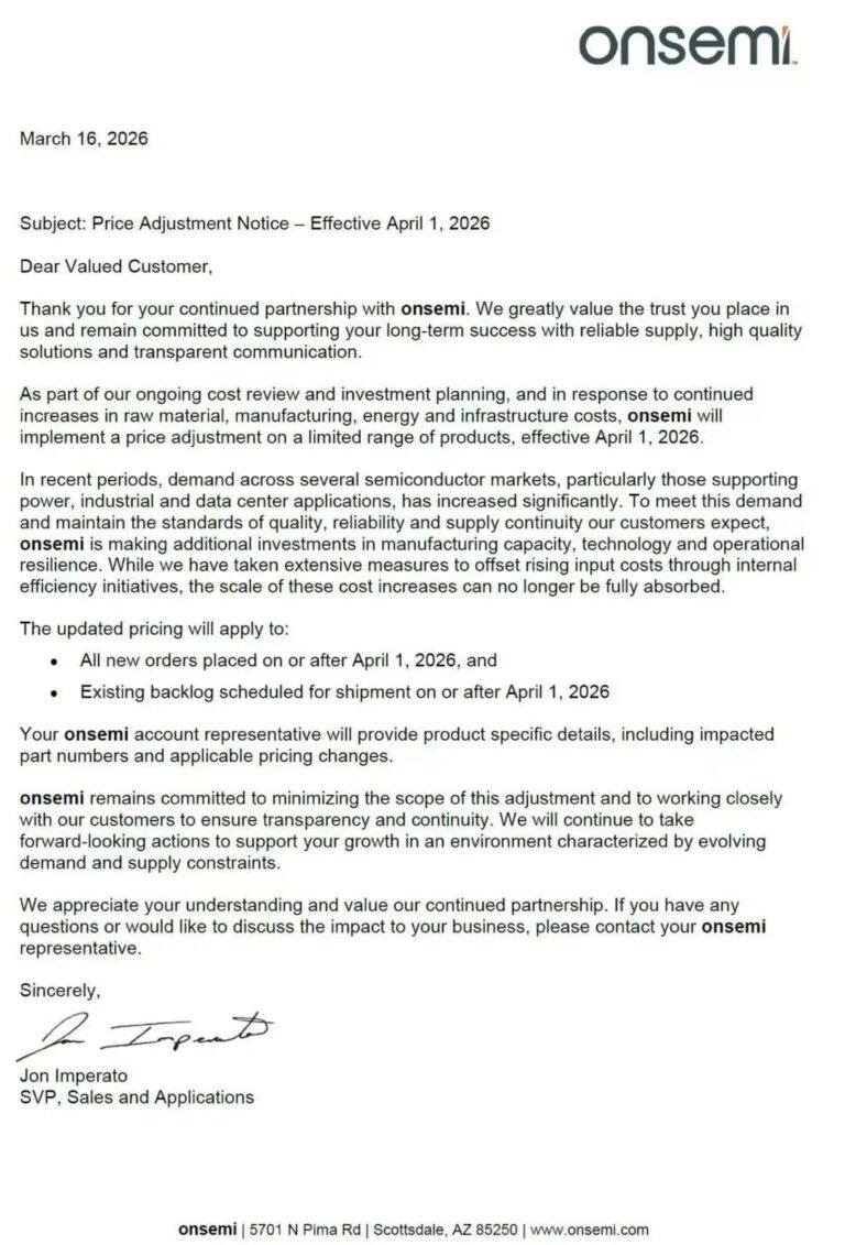 ON Semiconductor Price Hike 2026: Effective April 1, onsemi Announcement