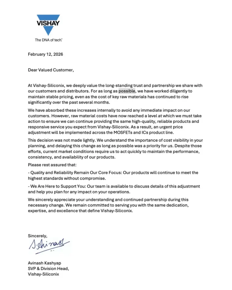 Vishay Announces 8%-12% Price Hike for MOSFETs and ICs Amid Rising Raw Material Costs | 2026 Update