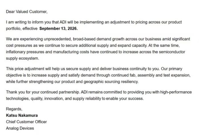 Analog Devices ADI Full Product Price Hike Effective Sep 13 2026
