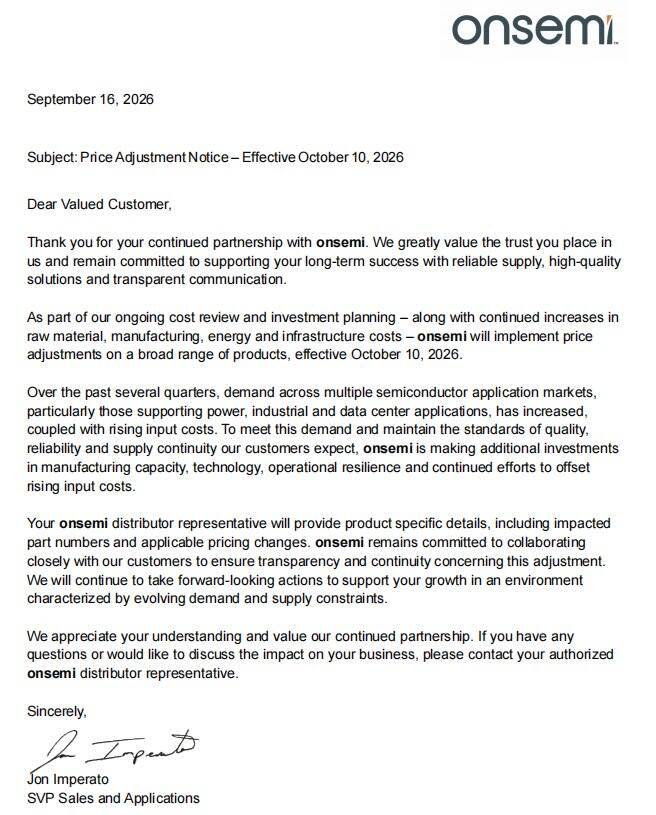ON Semiconductor 2026 Price Hike Notice | Effective October 10