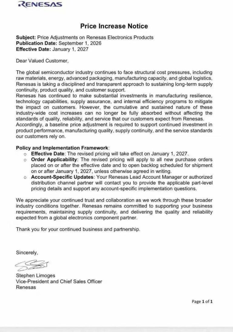 Renesas Second Price Hike 2026 | New Pricing Effective January 1, 2027