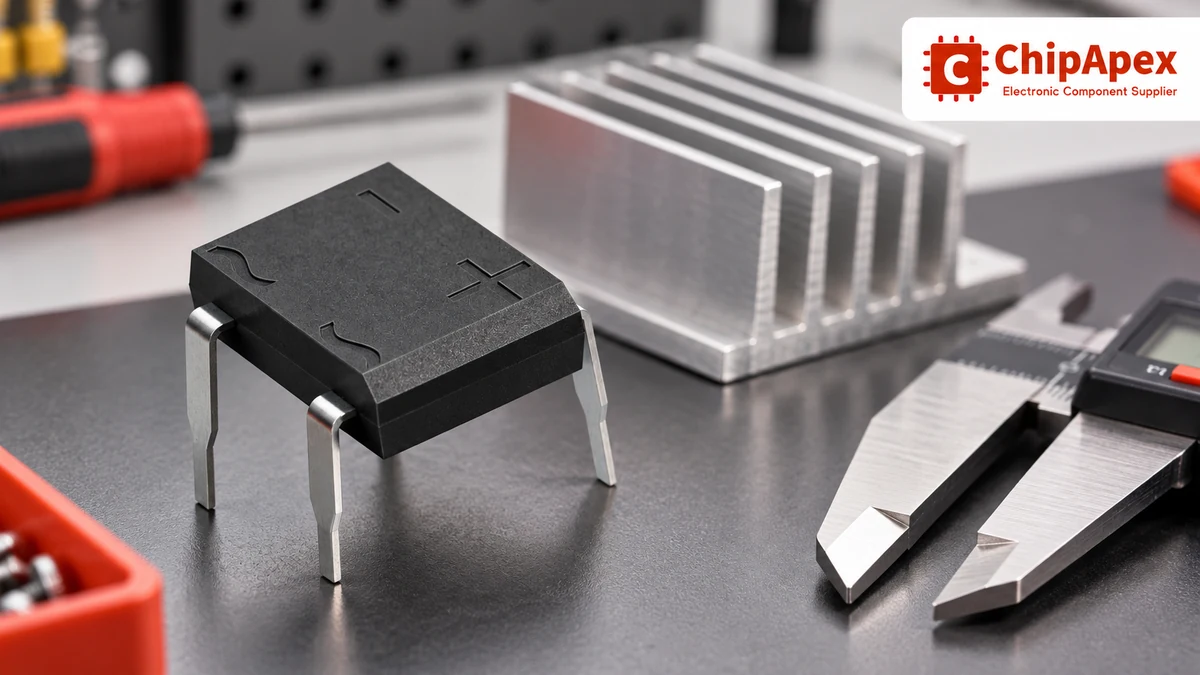 Bridge rectifier package and molded polarity markings beside a caliper and separate heatsink
