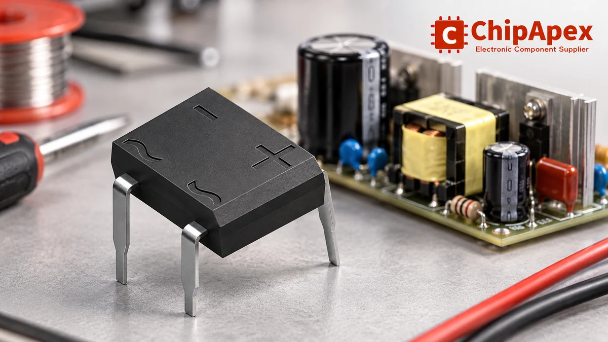 Four-lead bridge rectifier based on ChipApex category imagery beside an illustrative power supply