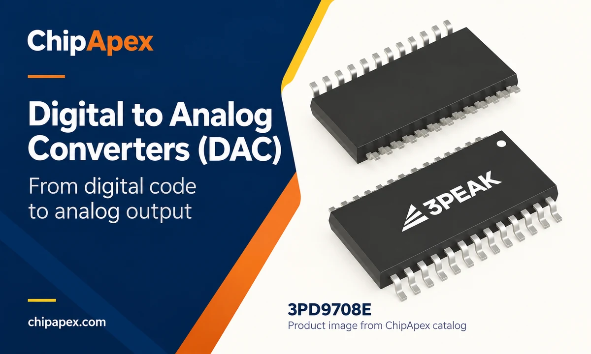 Digital to Analog Converters at ChipApex ChipApex DAC article banner featuring the catalog illustration from the 3PD9708E product page