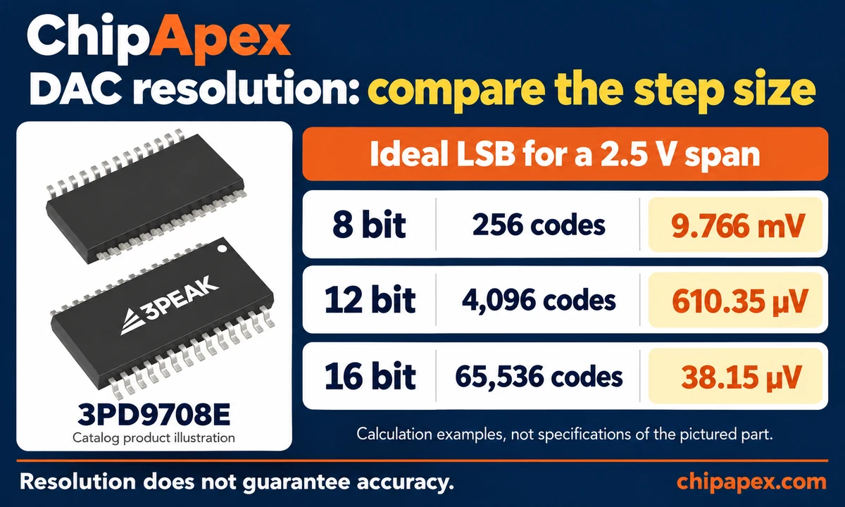 DAC resolution comparison with a ChipApex catalog product 3PD9708E catalog illustration beside ideal 8-bit, 12-bit and 16-bit DAC step-size calculations for a 2.5 V span