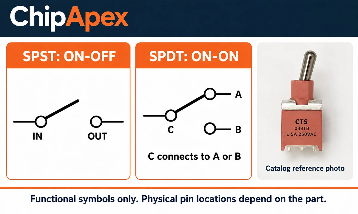 Open SPST contact and SPDT common contact connected to path A, beside a ChipApex catalog switch reference