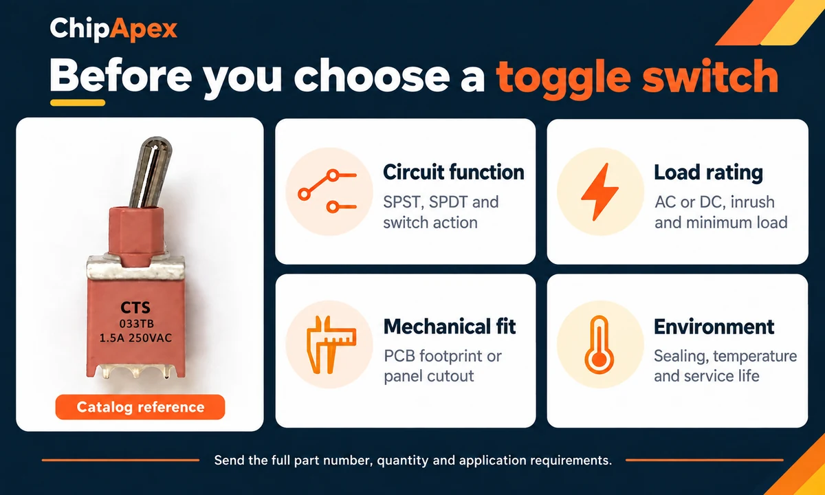ChipApex catalog switch beside checks for circuit function, load rating, mechanical fit and environment