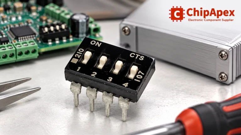 Four-position piano DIP switch based on ChipApex category imagery beside a controller enclosure