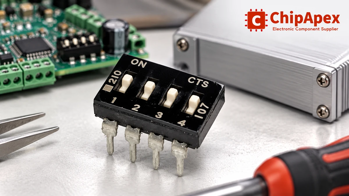Four-position piano DIP switch based on ChipApex category imagery beside a controller enclosure