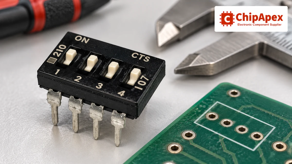 Four-position DIP switch housing and leads beside an illustrative PCB footprint and caliper