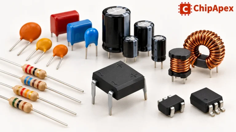 ChipApex-branded illustration of resistors, capacitors, inductors, a bridge rectifier and small IC packages