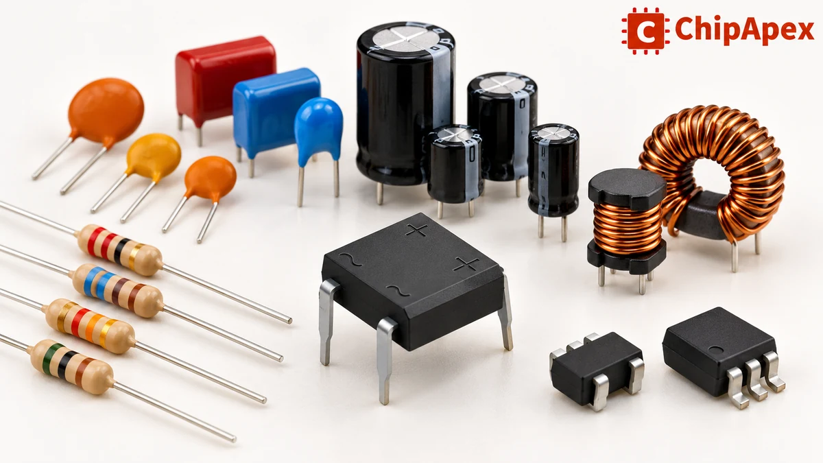 Main types of electronic components ChipApex-branded illustration of resistors, capacitors, inductors, a bridge rectifier and small IC packages