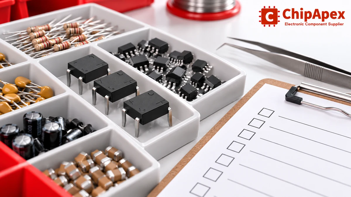 Buying electronic components: build a BOM that can be quoted ChipApex-branded illustration of sorted electronic components beside a blank procurement checklist