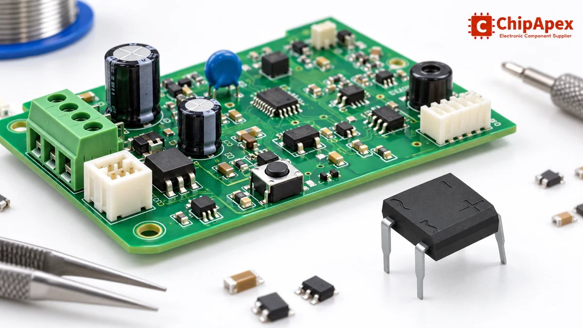 How components work together on a controller board ChipApex-branded illustration of a green controller PCB with capacitors, ICs, connectors and a separate bridge rectifier