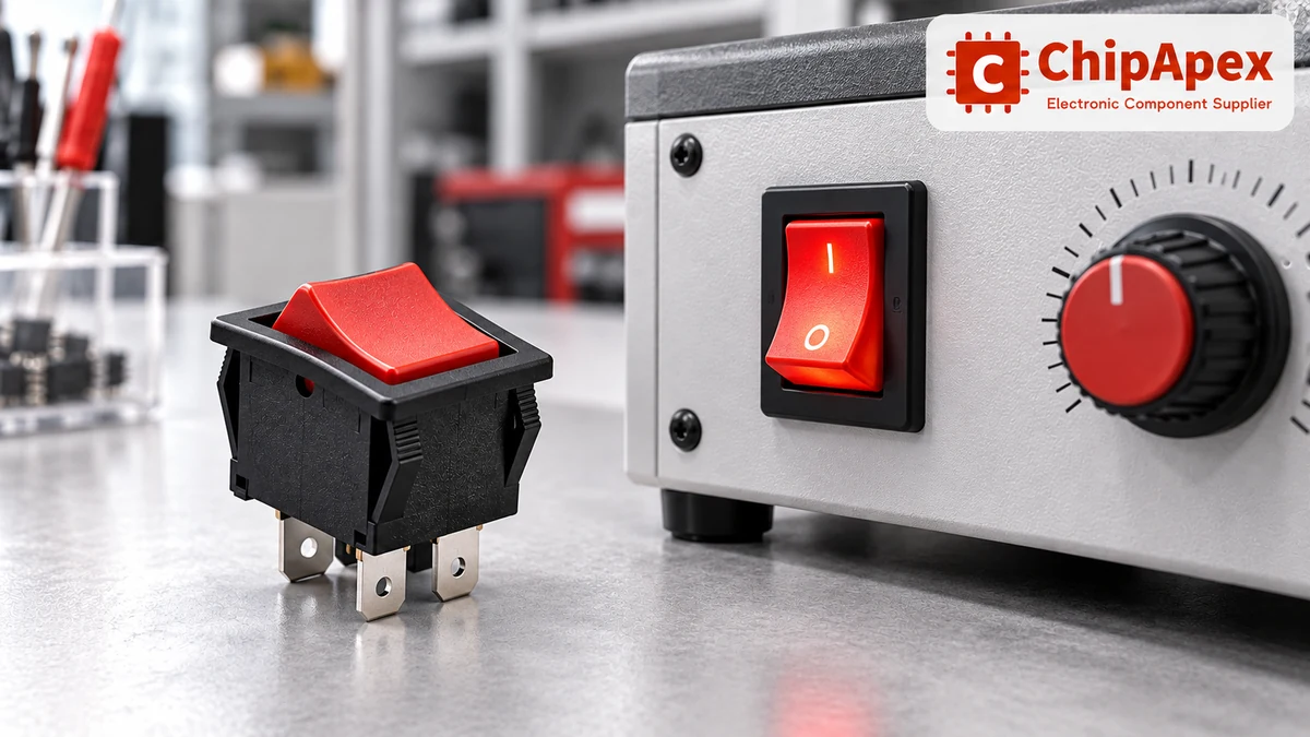 Illuminated rocker switch on a generic equipment control panel