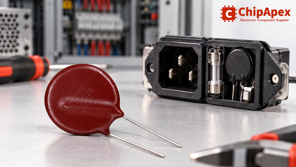 MOV and generic power-entry protection assembly in an illustrative industrial cabinet scene