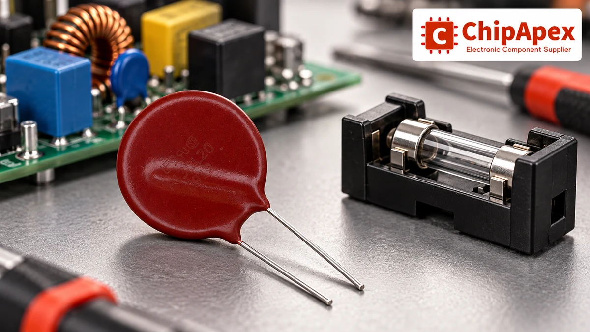 Radial disk MOV beside a separate fuse holder on an unpowered engineering bench