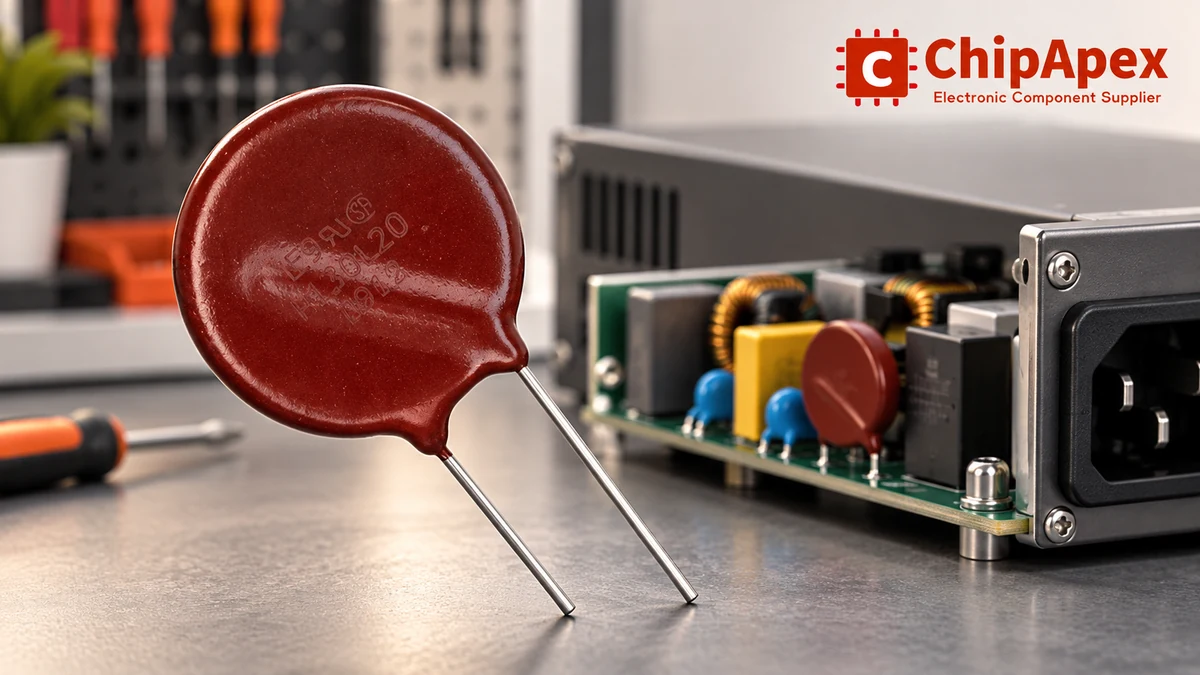 Red-brown radial MOV based on ChipApex category imagery beside a generic power-entry board