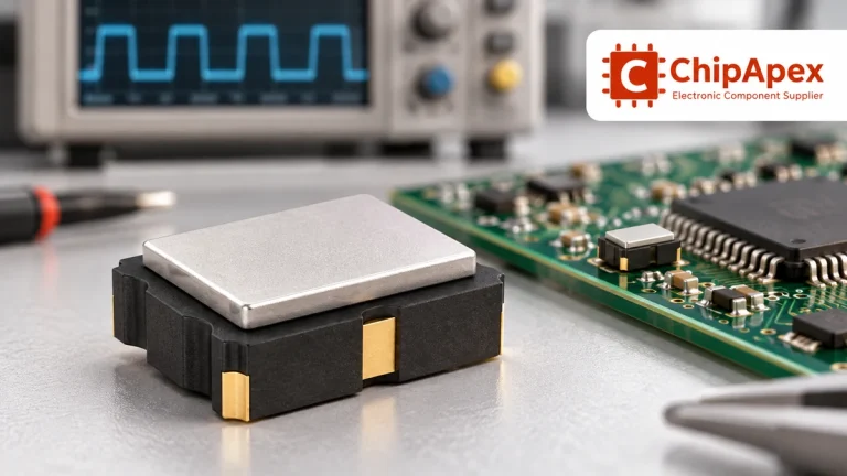 Silver-lid oscillator based on ChipApex category imagery beside an embedded controller