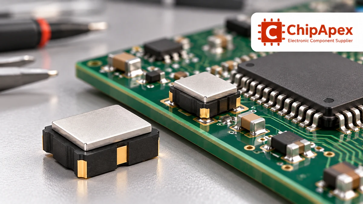 Oscillator package beside a microcontroller on a conceptual controller PCB