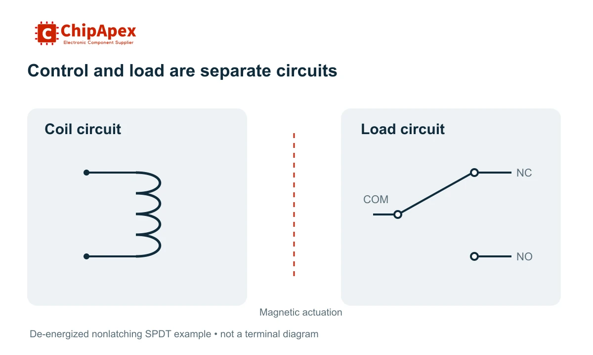 Conceptual separation between a relay coil control circuit and changeover contacts