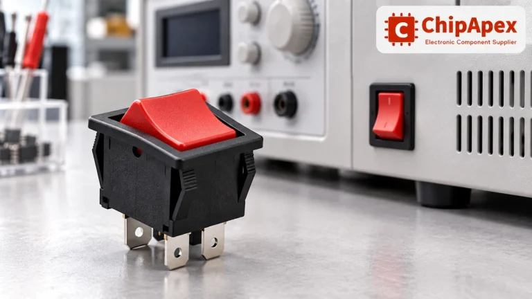 Red rocker switch beside laboratory equipment with a panel-mounted switch