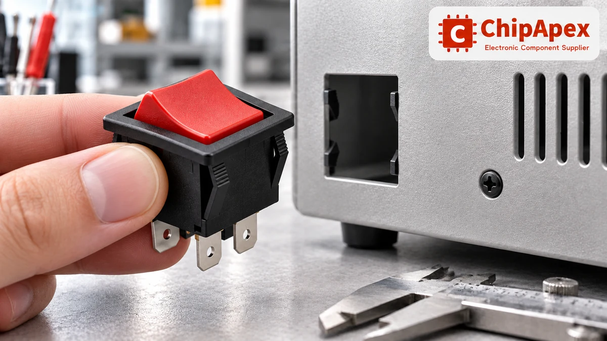 Rocker switch retaining clips and bezel beside an enclosure panel opening