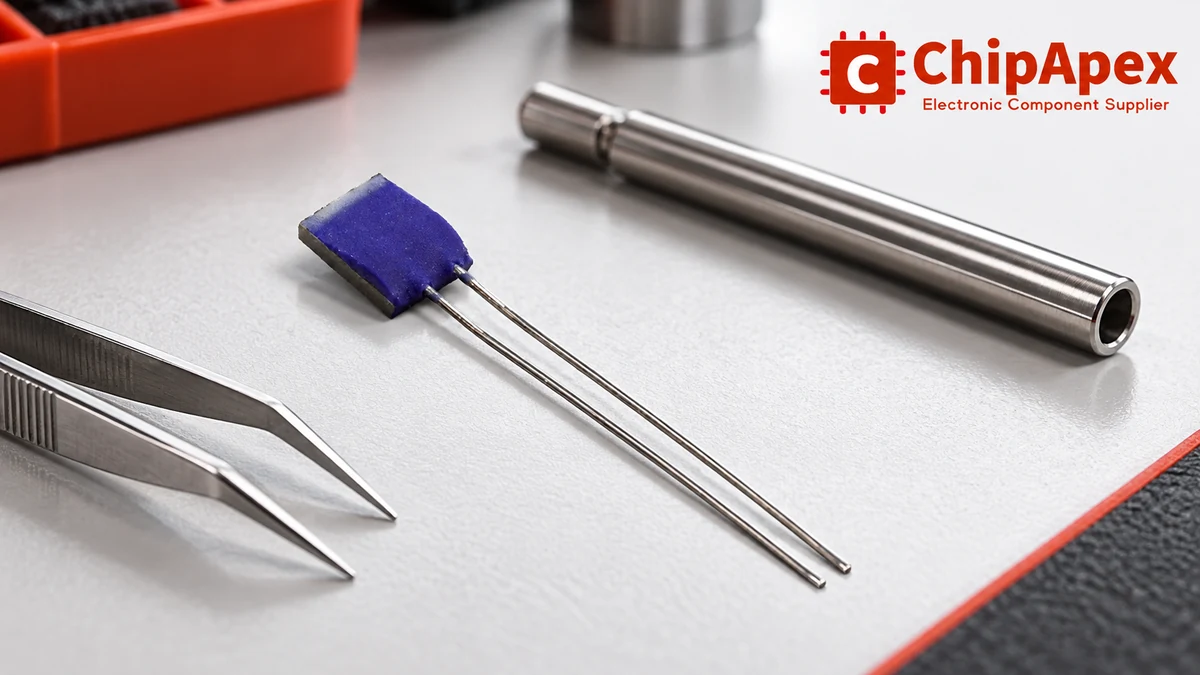 Bare RTD element and two long leads beside tweezers and a separate generic probe housing