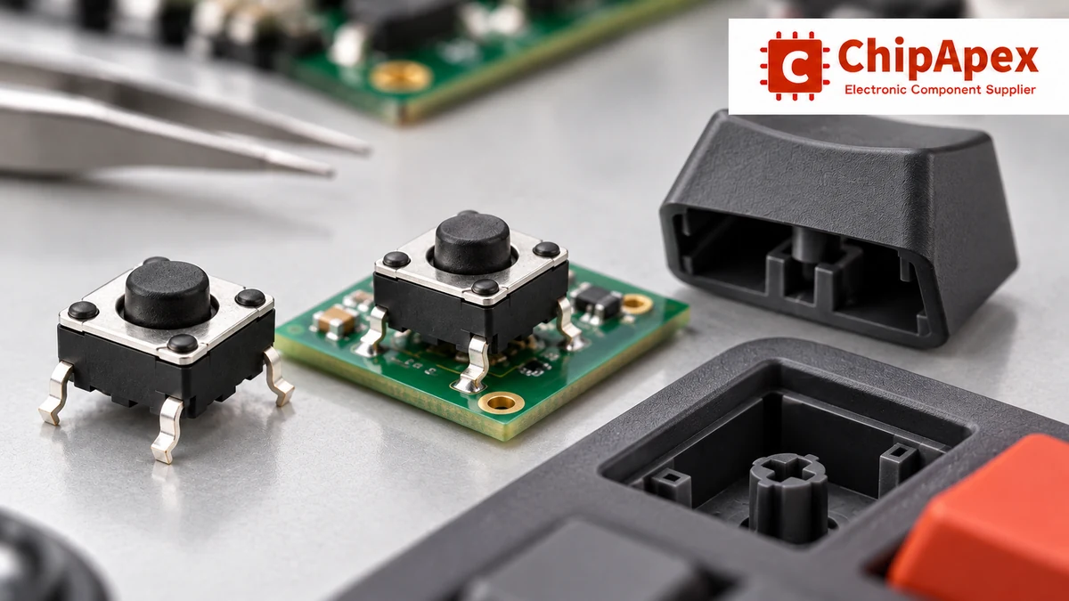 Tactile switch, PCB, keycap and enclosure parts illustrating mechanical fit