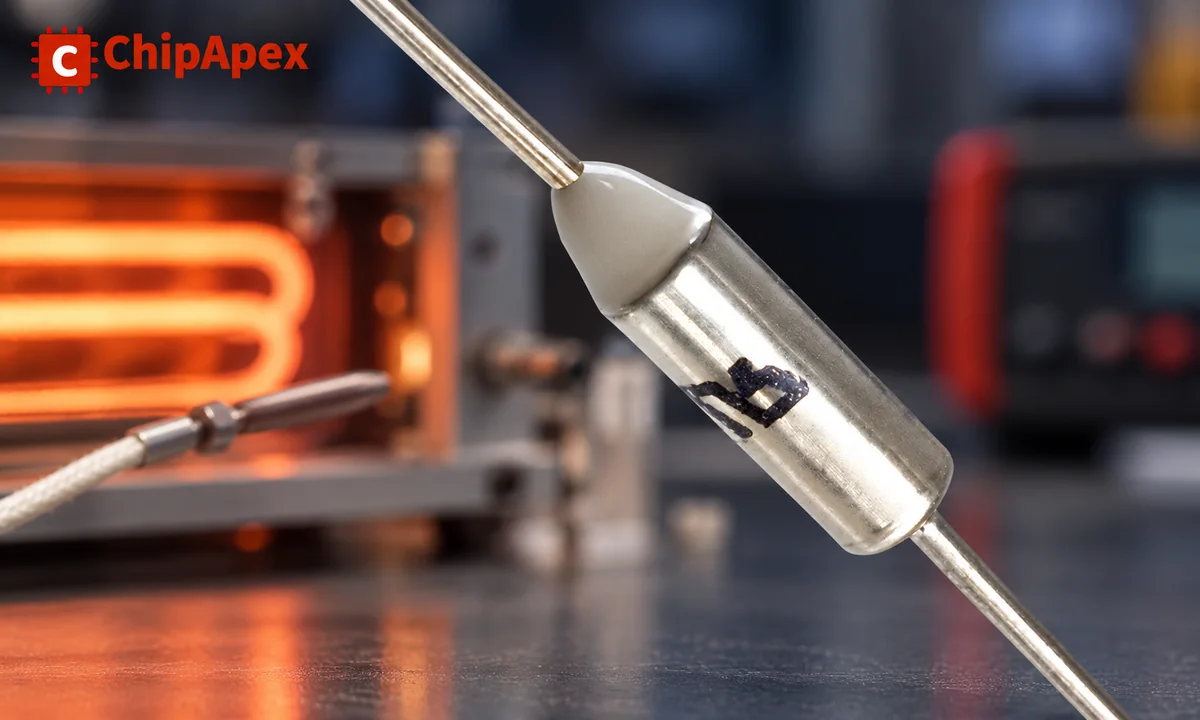 Axial thermal fuse from the ChipApex catalog against an illustrative appliance heating test bench Axial thermal fuse from the ChipApex catalog against an illustrative appliance heating test bench