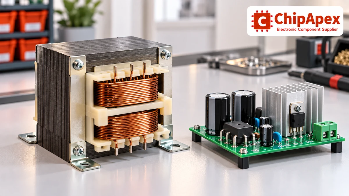 Transformer, rectifier board, capacitors and regulator assembly concept