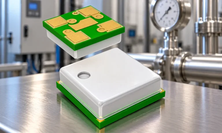 ChipApex pressure sensor package against an illustrative industrial pipe scene