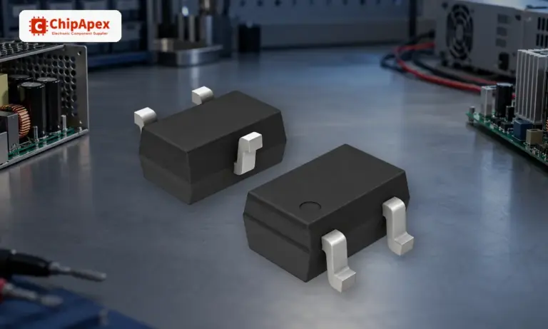ChipApex diode packages over an illustrative power electronics workbench background